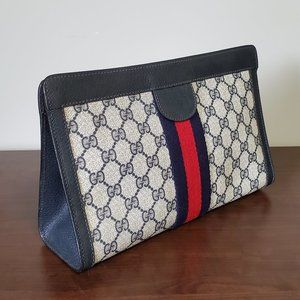 Authentic 80's Vintage Gucci Clutch Bag with Navy Sherry Line